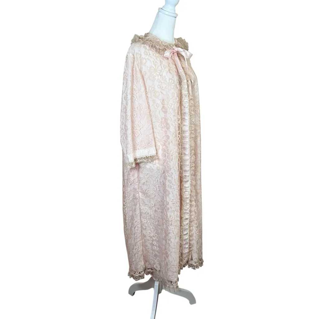 VTG Odette Barsa Peignoir Housecoat Dressing Gown 60s Pink Ivory Lace Pocket O/S Size undefined - Image 5