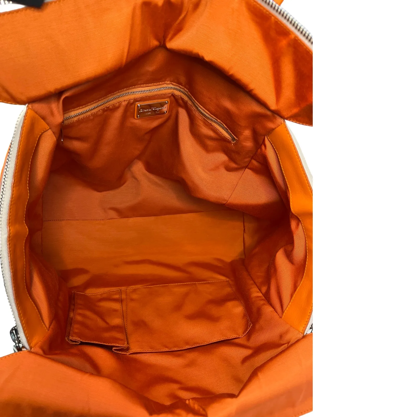 Salvatore Ferragamo Woven Canvas Leather Tote Bag Orange Trim Italy - Image 9