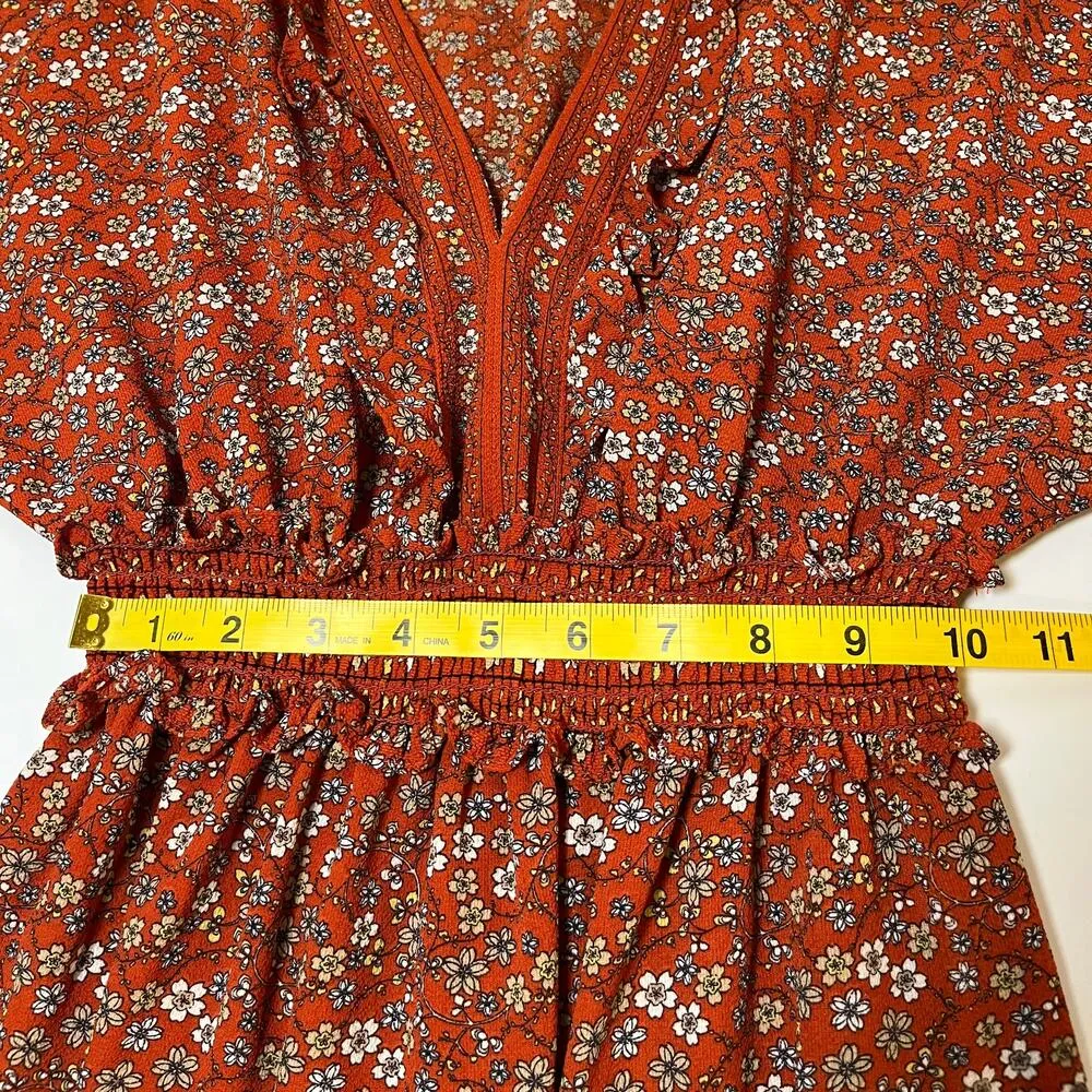 Floral Midi Dress Orange XS‎ Tiered Ruffle Peasant Cottage Boho Cowgirl Prairie - Image 6