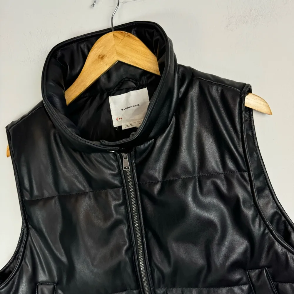 Anthropologie Vegan Leather High Neck Puffer Vest Sz Medium Black Gilet Moto - Image 8