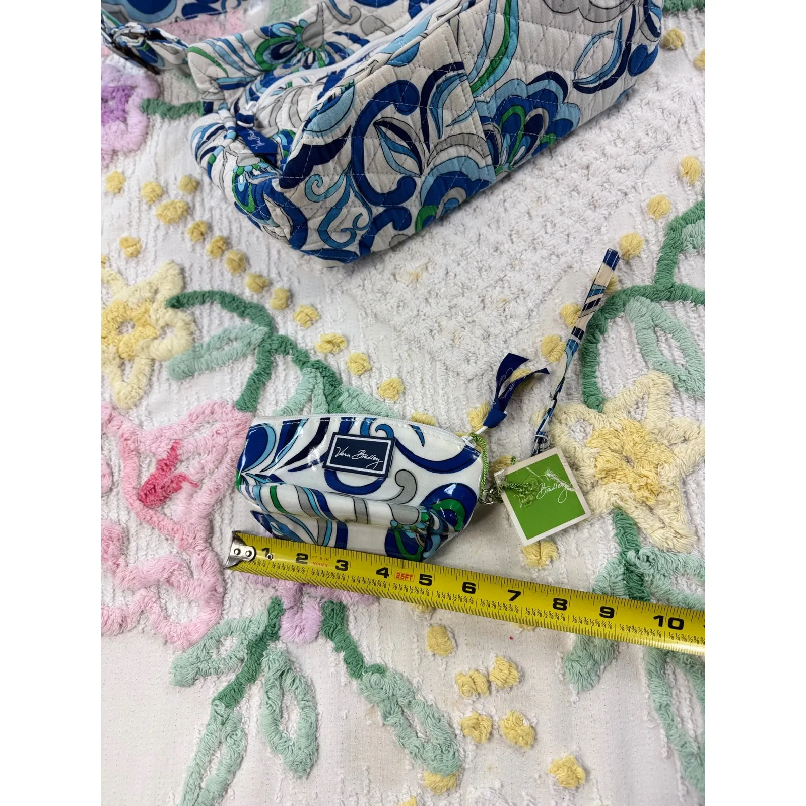 Vera Bradley Quilted Crossbody Bag Floral Blue White Green Matching Pouch‎ - Image 6