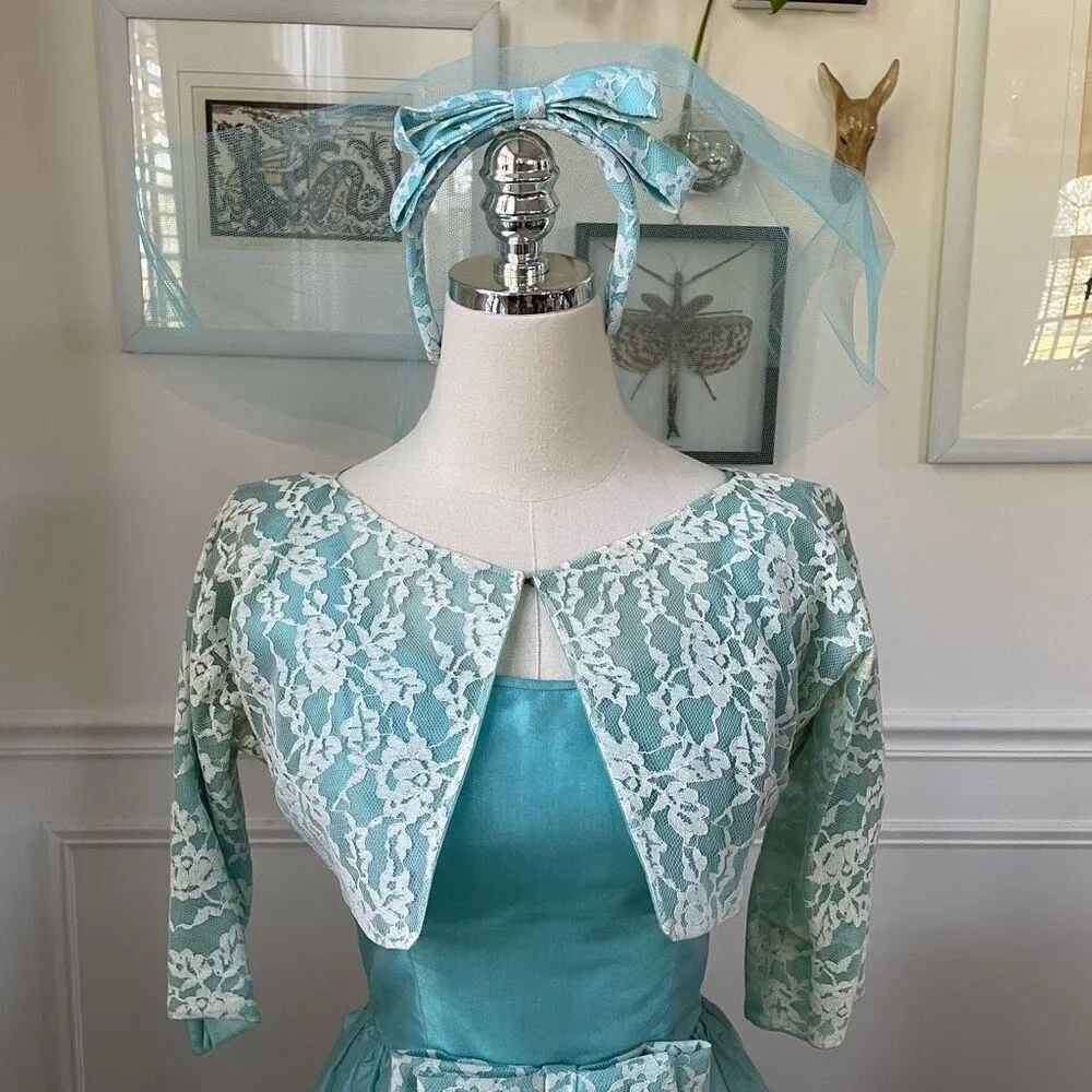 Vintage 60s Turquoise Blue Ivory Lace Fit & Flare Dress Shrug Headband Veil XS Blue - Image 4