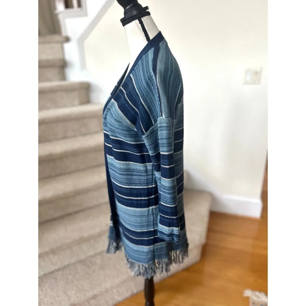 Ralph Lauren Navy & Light Blue Strip Fringe Western Long Line Cardigan - Image 3