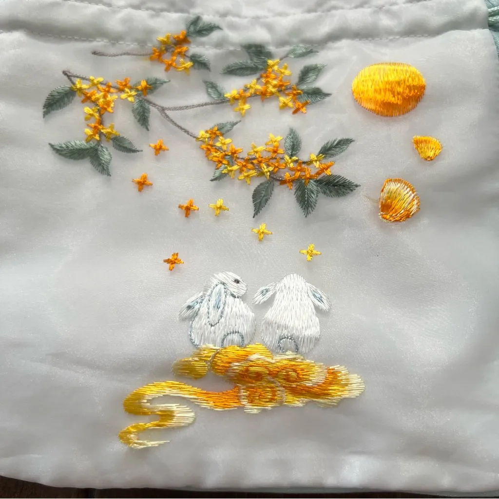 Chinese Embroidered Suzhou Drawstring Handbag with Rabbit and Moon White - Image 2