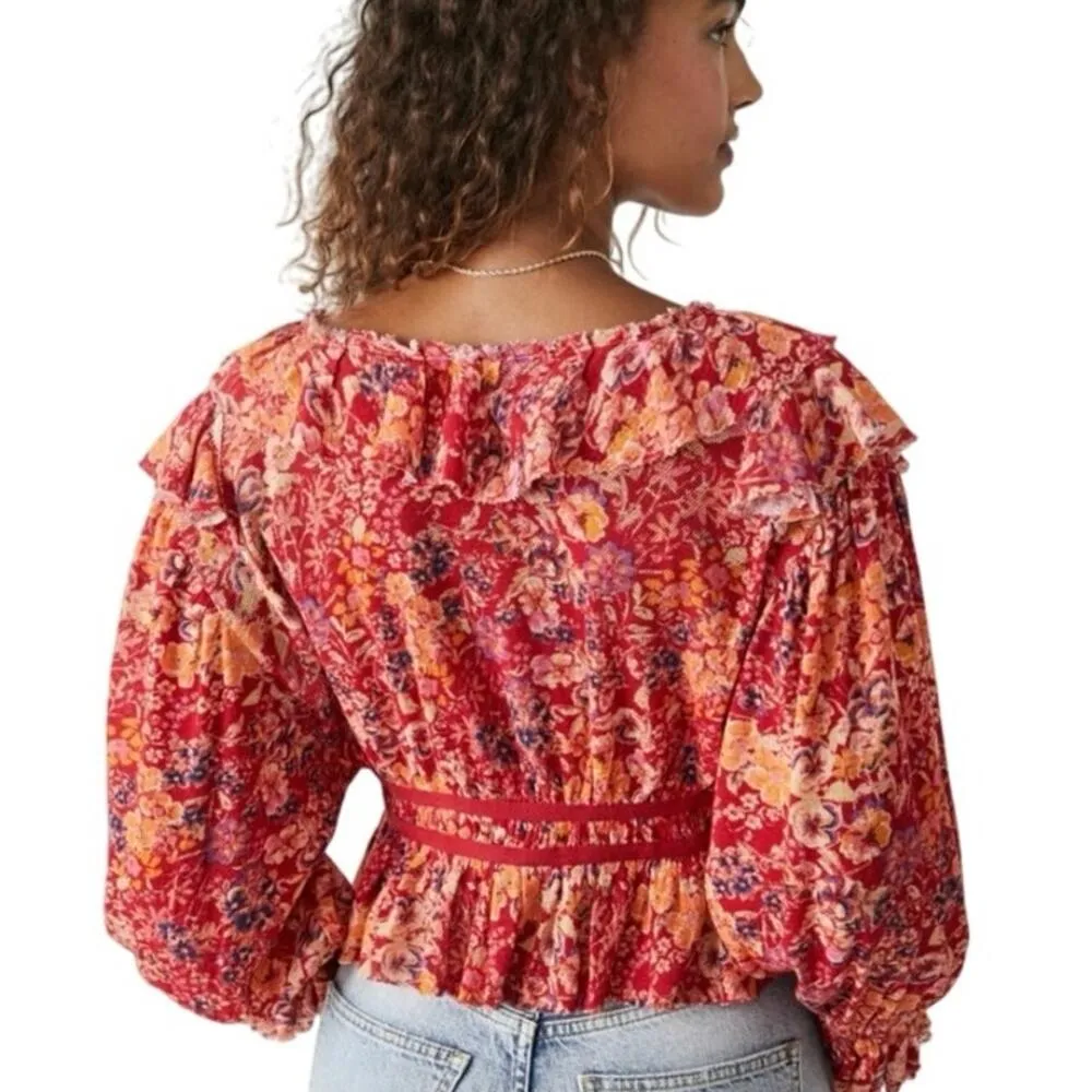 Free People Rudi Ruffle Tunic Top Cropped Orange Red Floral Women XS 100% Cotton - Image 16