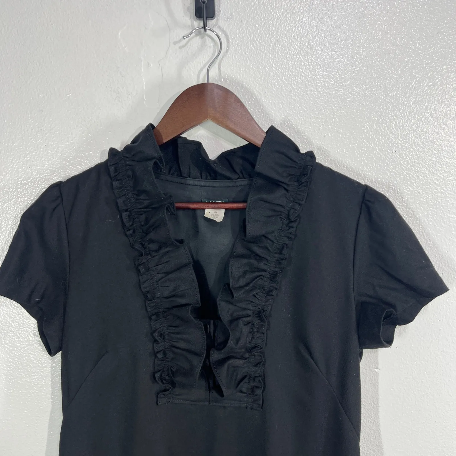 J.Crew Women 8 Black Ruffle Neck Sheath Dress Short Sleeve Wool Blend Lined - Image 11