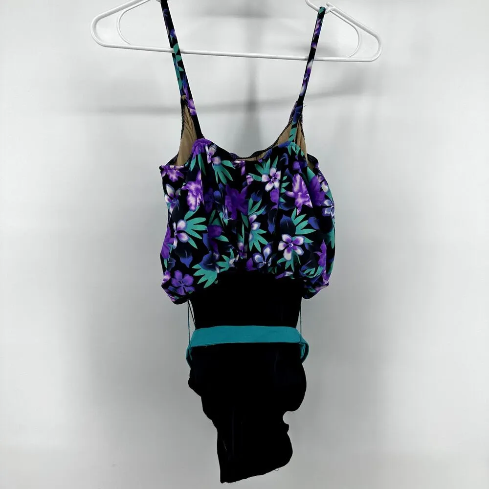 Vintage L.L. Bean One Piece Swimsuit Freeport, Maine Floral Tank Belted Purple L Size L - Image 5
