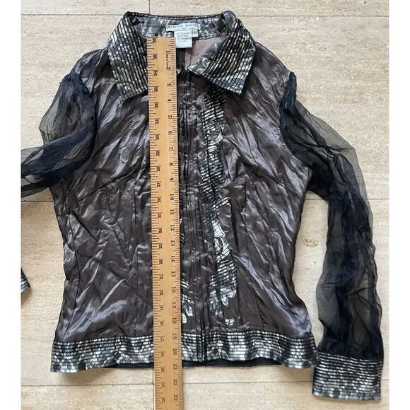 Alberto Makali Sheer Black Evening Blouse with Metallic Trim Elegant Party Top - Image 4