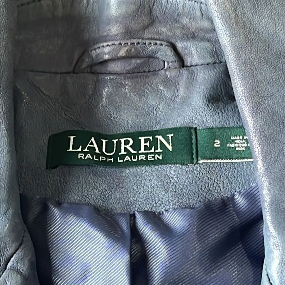 Ralph Lauren Leather Zip Blue Adreana Biker Jacket Blue Size 2 - Image 6