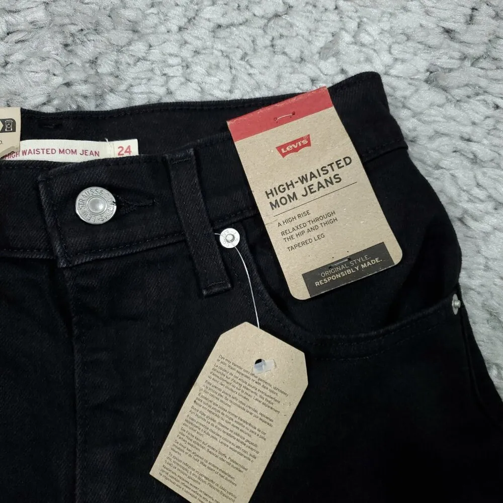 Levi's High Waisted Mom Jeans Tapered Stretch Size 24 x 29 Black High Rise - Image 5