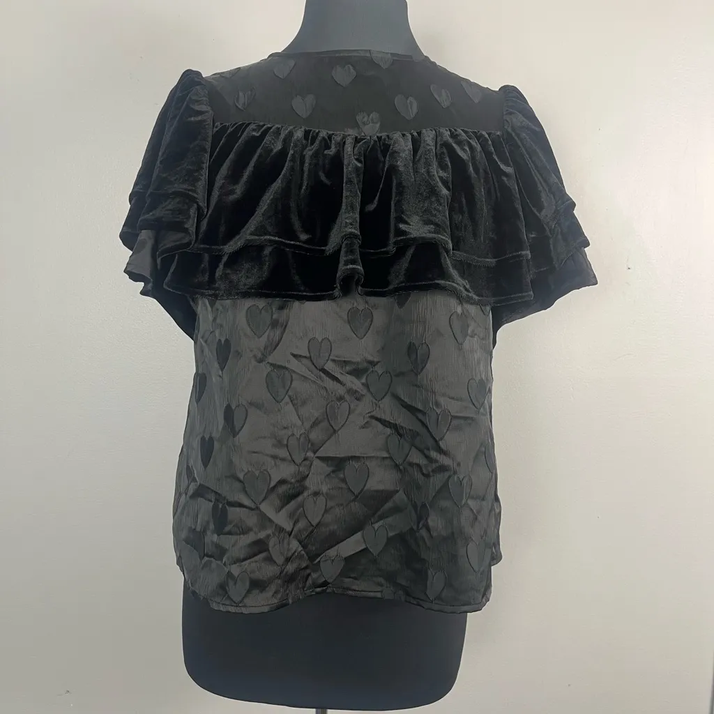 CROSBY BY MOLLIE BURCH Marian Top In Black velvet size XS ruffle hearts - Image 2
