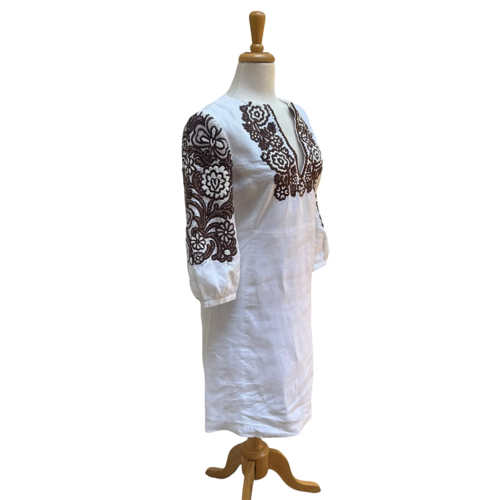 Tory Burch Beaded Mini Dress Tunic Sz 4 White Linen Brown Floral Embellished - Image 3