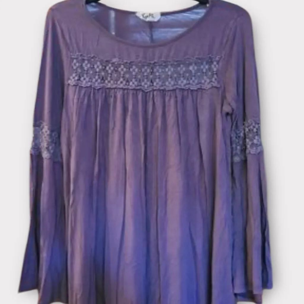 NWT Kyemi Purple Long Sleeve Blouse Crochet Detailing Bell Sleeves - Image 5