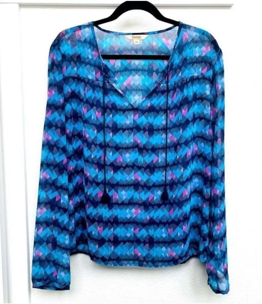 Decree Sheer Abstract Long Sleeve Blouse Size L Women’s Blue / Purple Geometric - Image 11