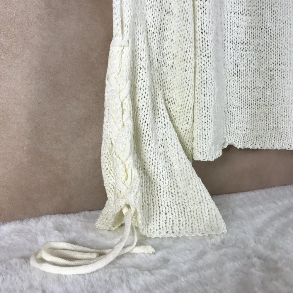 MINKPINK Ivory Sheer Knit Lace up Bell Sleeve Off The Shoulder Sweater MEDIUM - Image 4