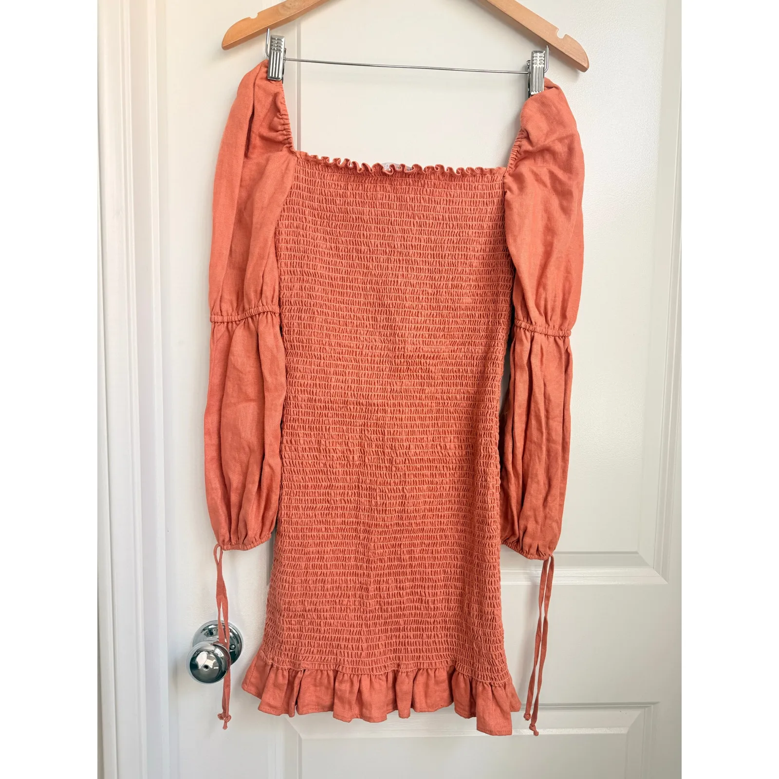 Reformation Hilary Linen Smocked Mini Dress Salmon Medium Spring‎ Summer Resort - Image 4
