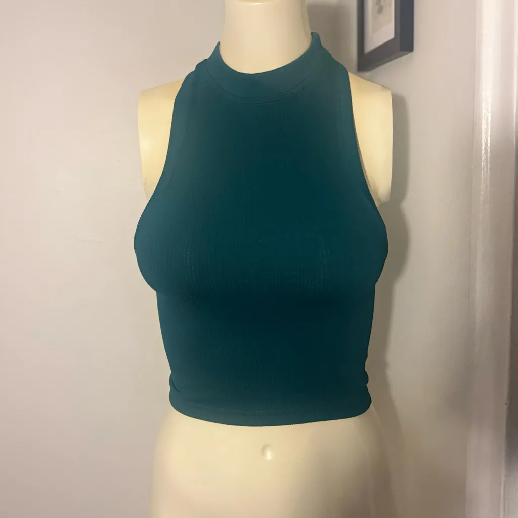 Free People Movement  Ribbed Tank Top M/L Green High Neck Mock Neck Misprint - Image 10