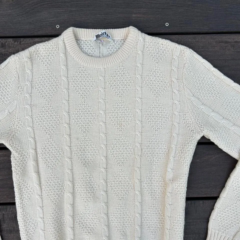 Vintage White 60s 100% Wool Meister Sweater Cable Knit Retro Knitwear Size L - Image 4