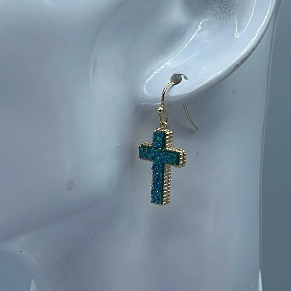 NWT Chic & Chic shimmering druzy quartz cross in turquoise blue earrings. - Image 3