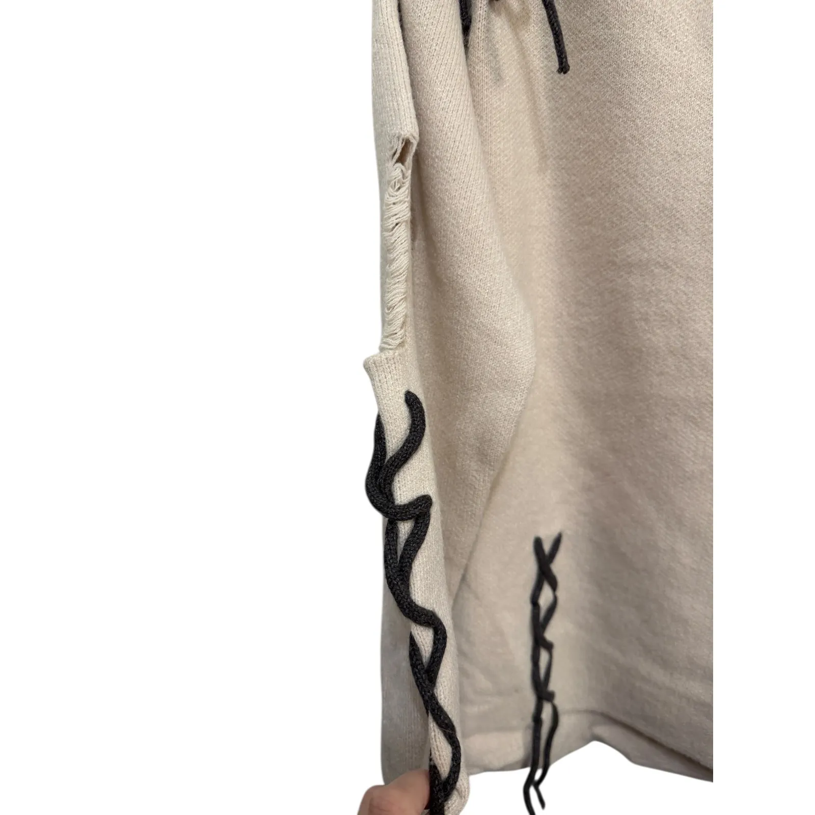 Distressed Lace Up Knit Sweater Women Beige Casual Streetwear Oversized Tan Size M - Image 3