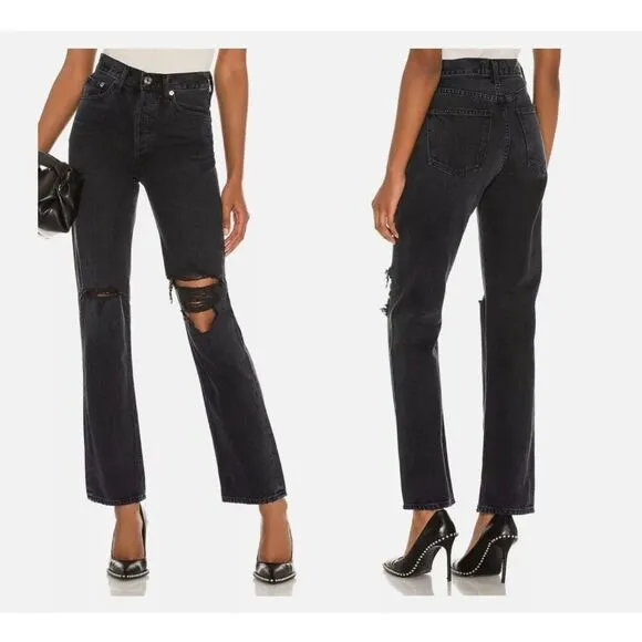 NEW Agolde 32 Lana Jean Mid Rise Vintage Straight Distressed Black Disorder - Image 2