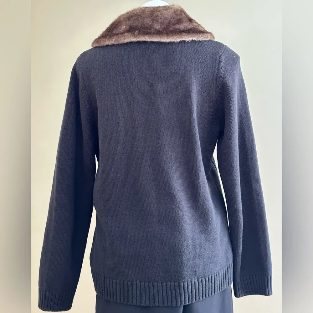 Liz Claiborne Black Cable Kinit Cardigan Top Faux Fur Collar Button Down SZ XL - Image 5