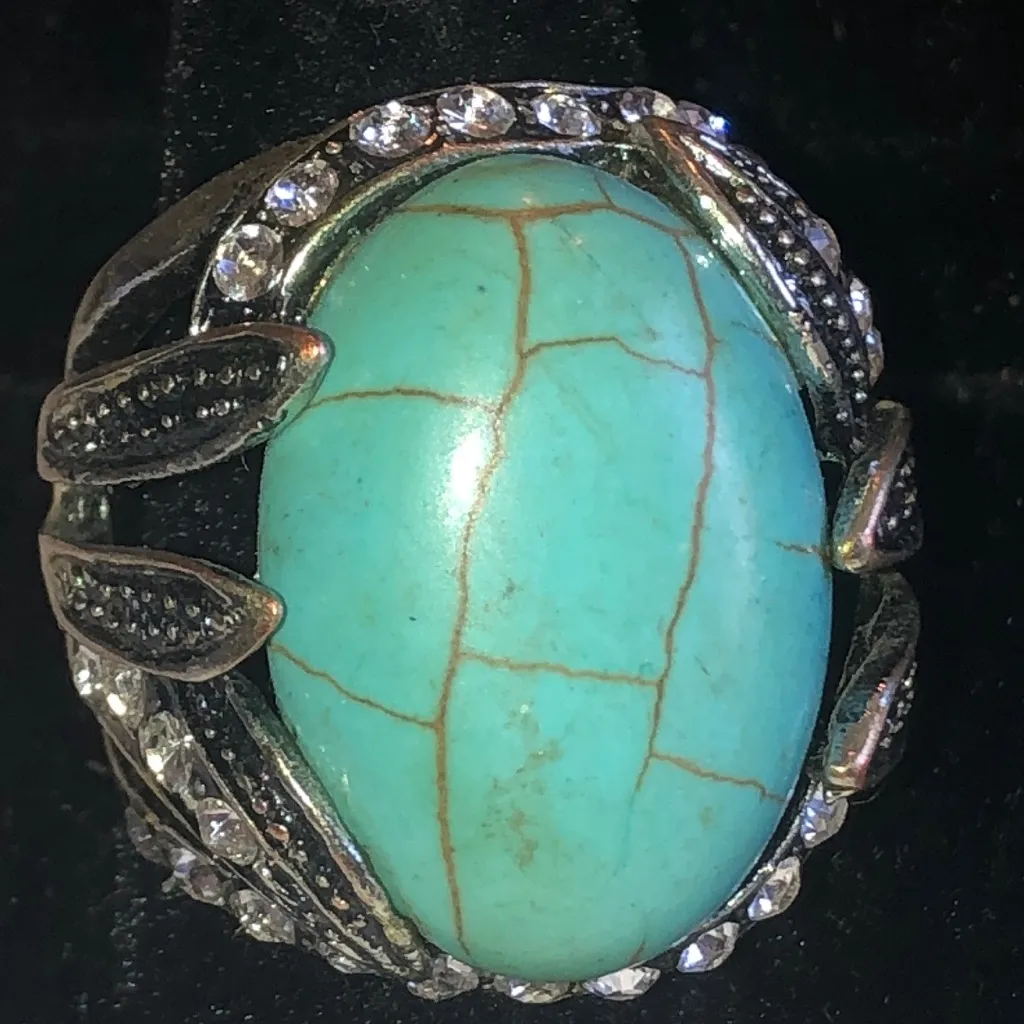 Faux Turquoise Brass Tone Boho Statement Ring with Silver Accents Blue Size 8 - Image 2