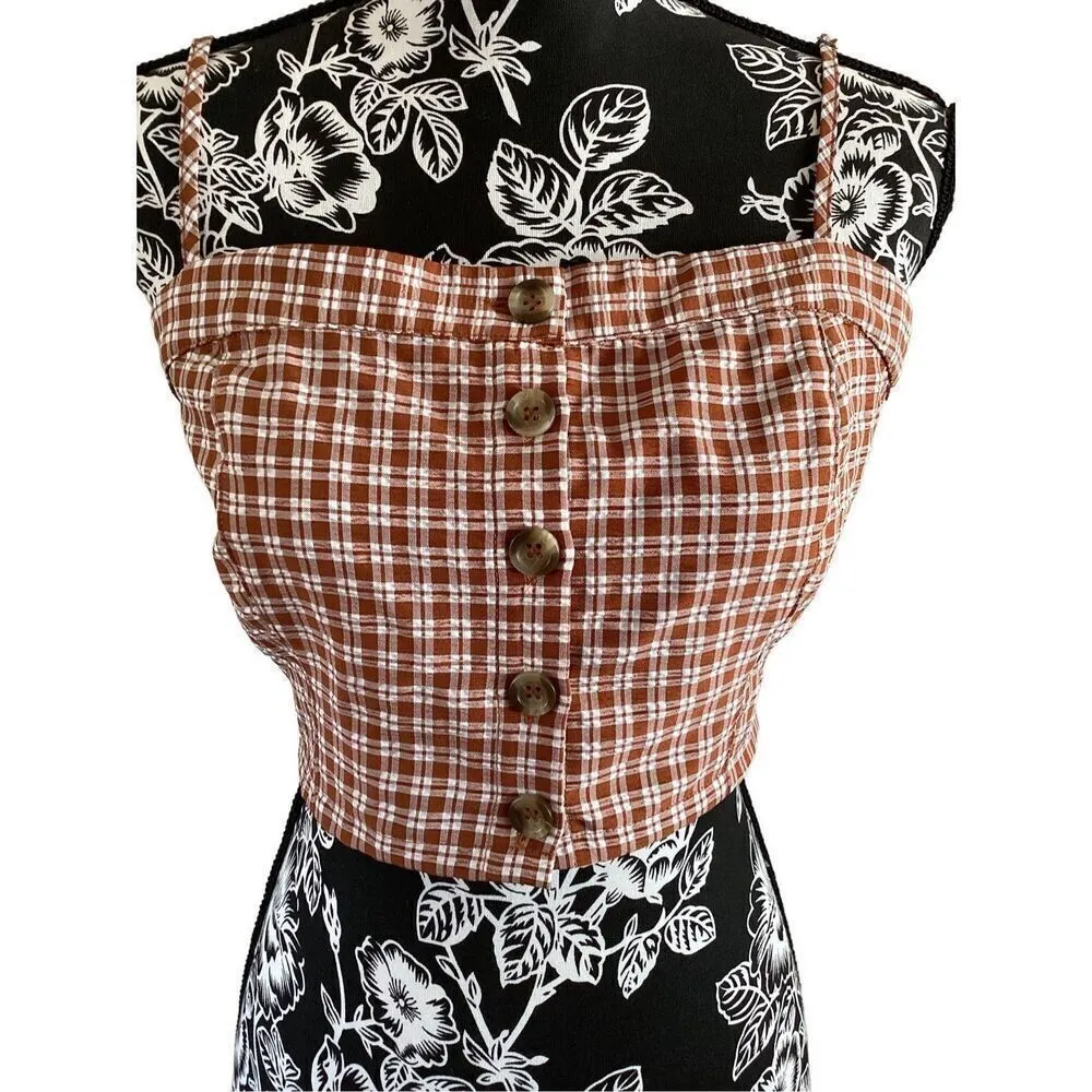 Lottie Moss Gingham Crop Top Spaghetti Straps Buttons Coastal Summer Beach - Image 6