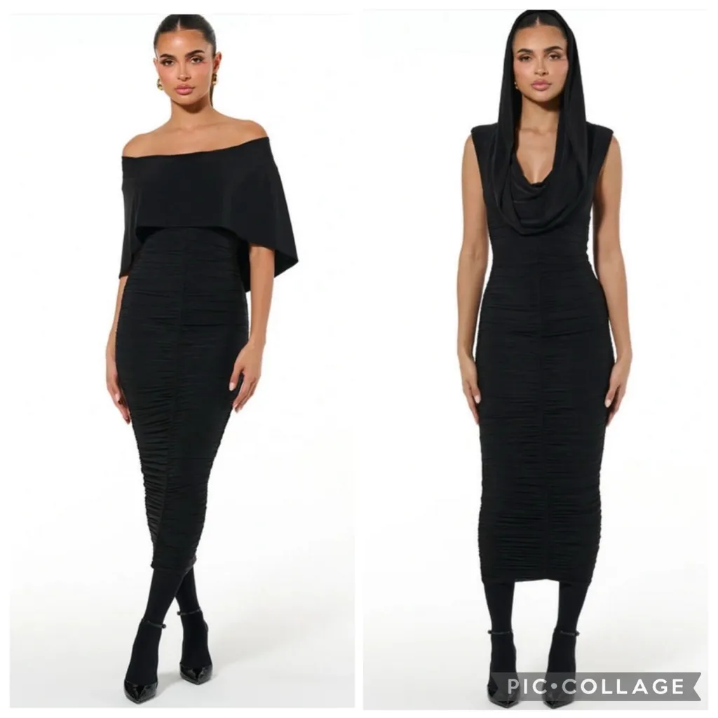 Naked Wardrobe Ruched Midi Dress With Hood / Cape‎ Black M - Image 3