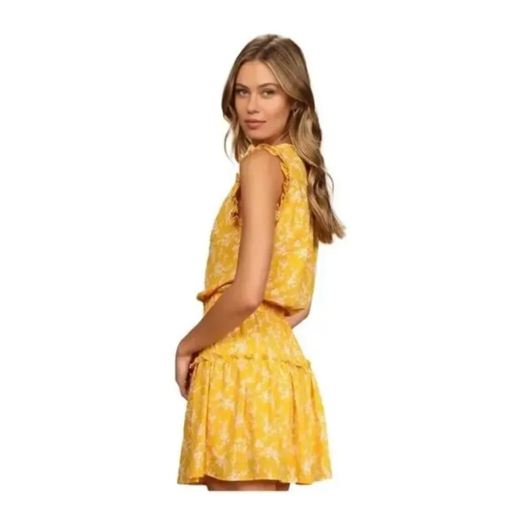 NWT, Pinch Tiered Ruffle Floral Blouse Cap Sleeve Elastic Waist, Sz M Yellow Size M - Image 3