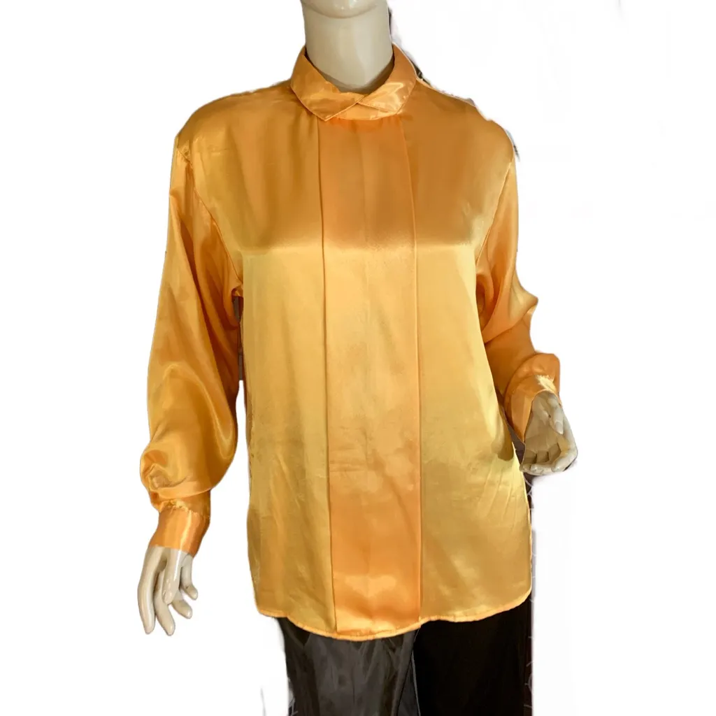 VINTAGE 1980'S GOLDEN YELLOW SATIN COLLECTIBLES BY MARC DANIEL BLOUSE (9/10) - Image 2