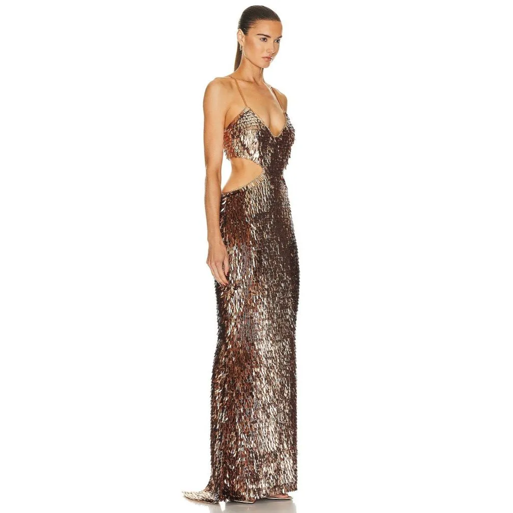 retrofete Miko Cut Out Sequin Maxi Dress Bronze & Gold Womens Size Small - Image 2