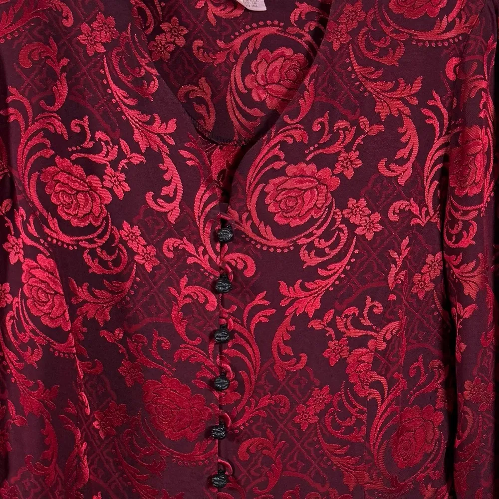Elegant Jacquard Long Sleeve Blazer Blouse Red Black Raised Floral Shoulder Pads - Image 3