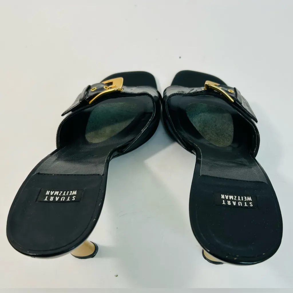 Stuart Weitzman Y2K Black Patent Leather Mule, Gold Buckle, Gold Heel, sz 8.5 - Image 6