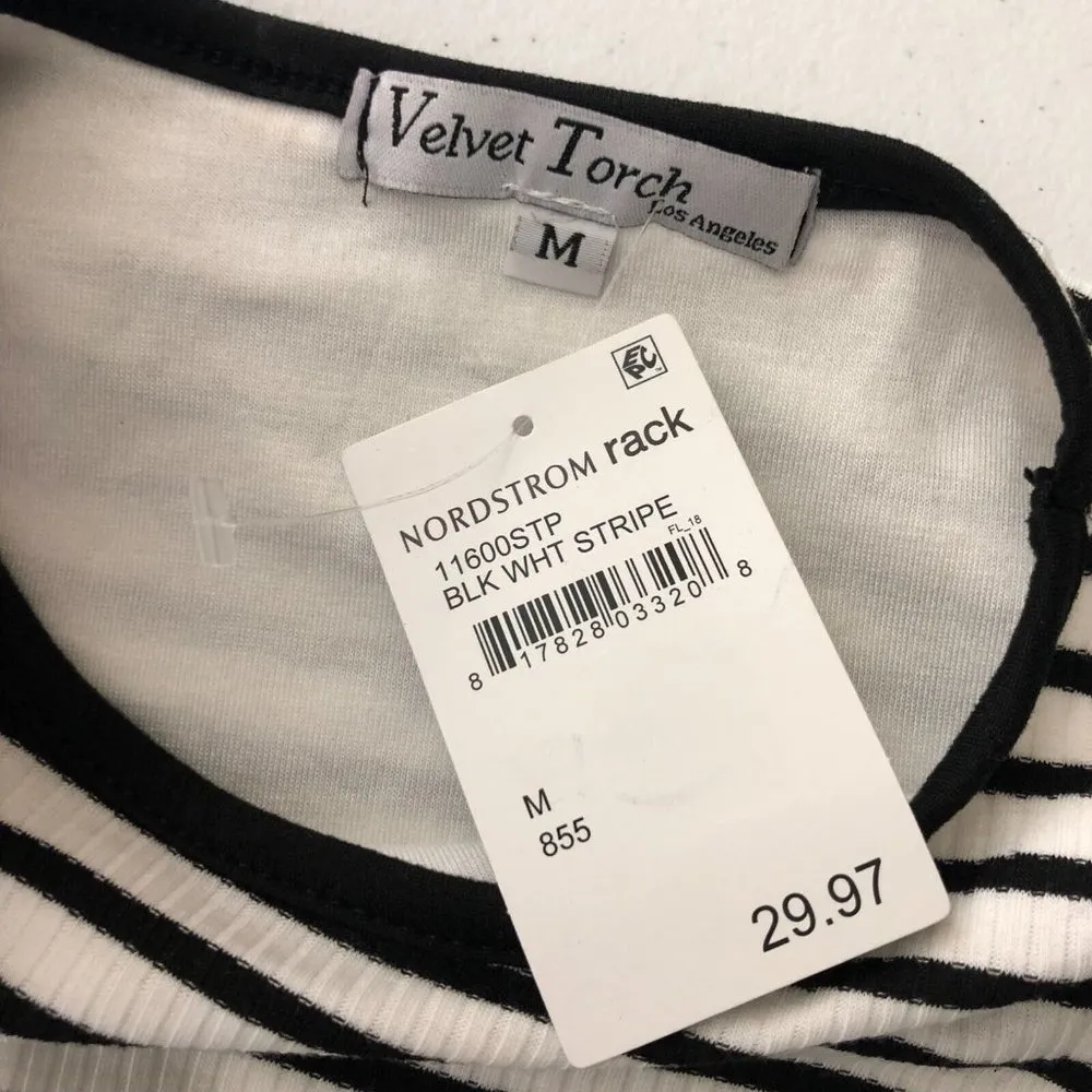 Velvet Torch Sheath Dress Bodycon Striped Long Sleeve Knit Black White M - Image 3