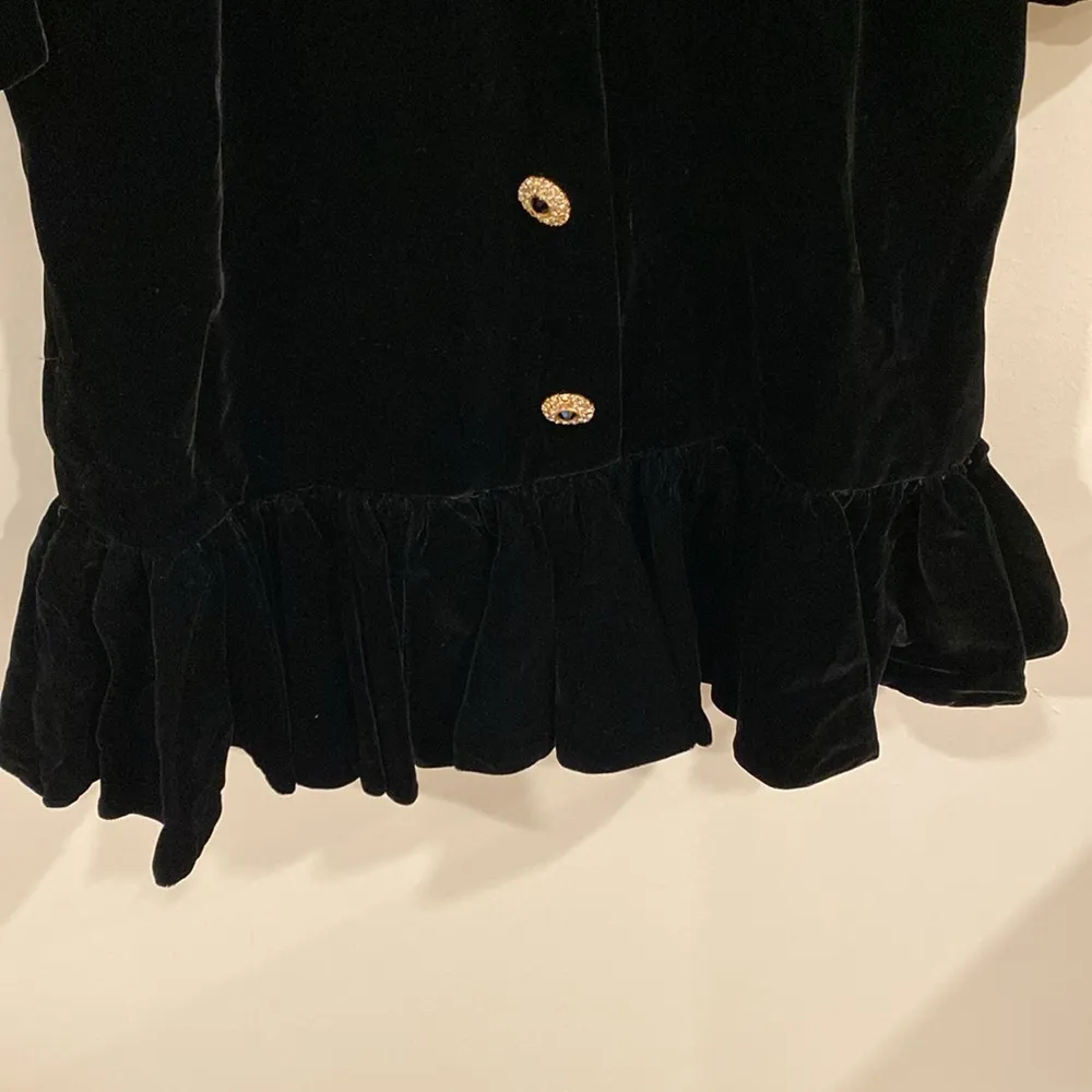 A Julie Durochie After Five Velvet Dress ruffle hem Gold gem buttons Sz 8 Black - Image 3