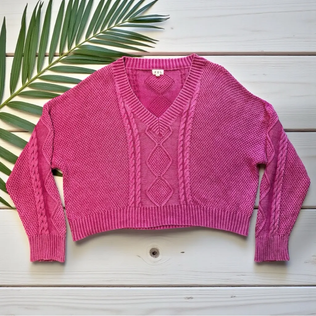 POL Medium Hot Pink Cable Knit V-Neck Sweater – Flamingo Vintage Washed Look - Image 8