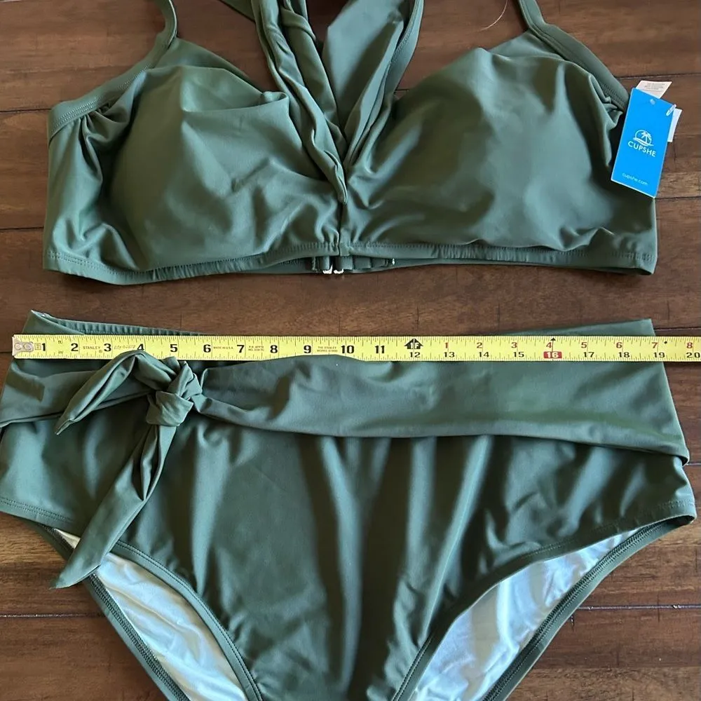 CUPSHE Army Green Bikini High Waisted Wrapped Front Knotted Bottom Size 3X NEW - Image 9