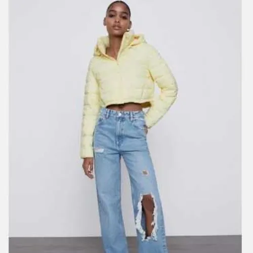 ZARA Cropped Puffer Jacket Hooded Quilted Pastel Yellow Casual Outerwear Size XS - Image 2