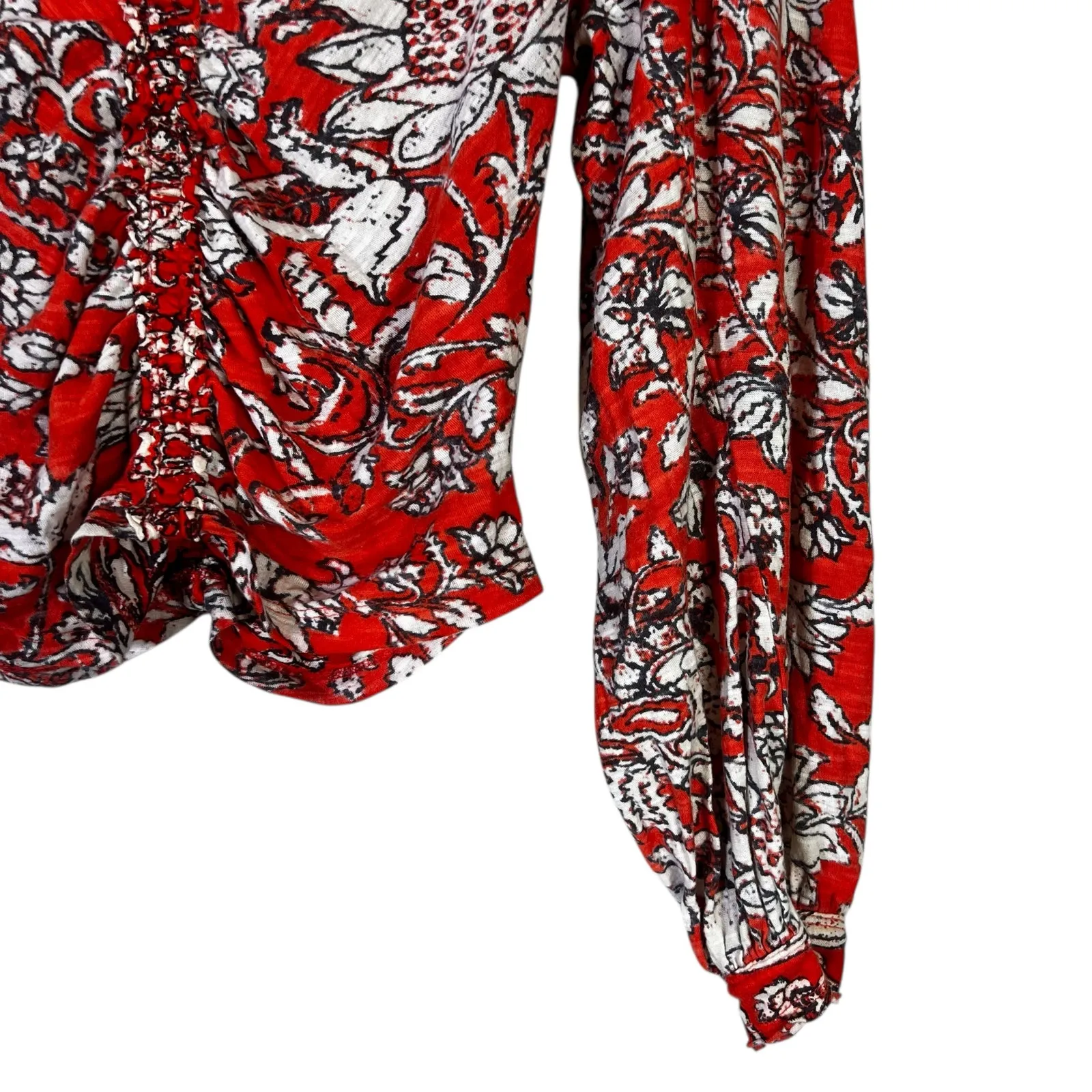 Free People Say The Word Top Womens XS Red Floral Ruched Balloon Sleeve Peasant - Image 3
