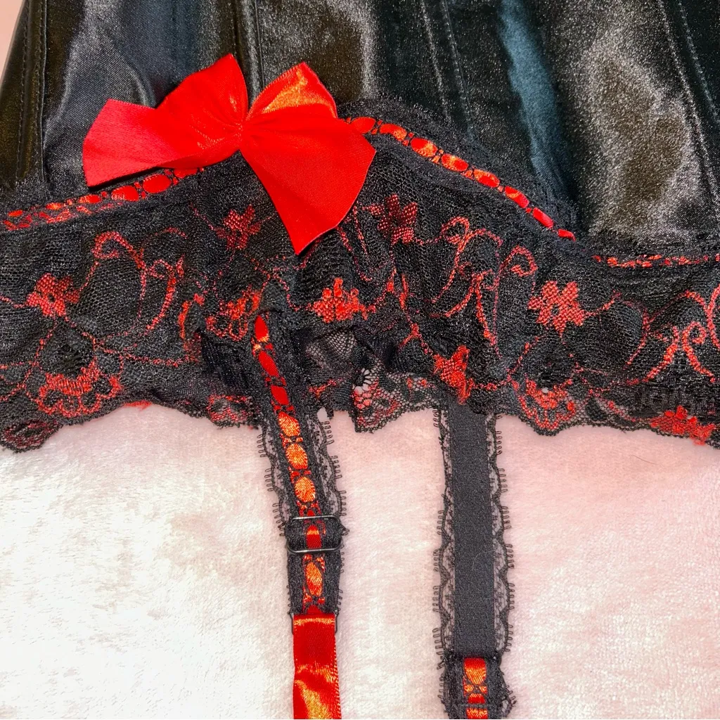 Black and red satin and lace corset with bows garters size 6X goth whimsigoth - Image 2