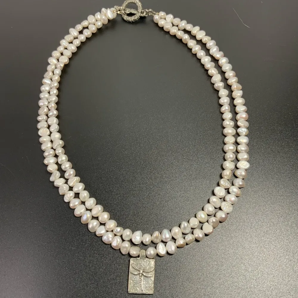 Double strand freshwater pearls necklace Dragonfly necklace w/dragon fly charm Silver - Image 2