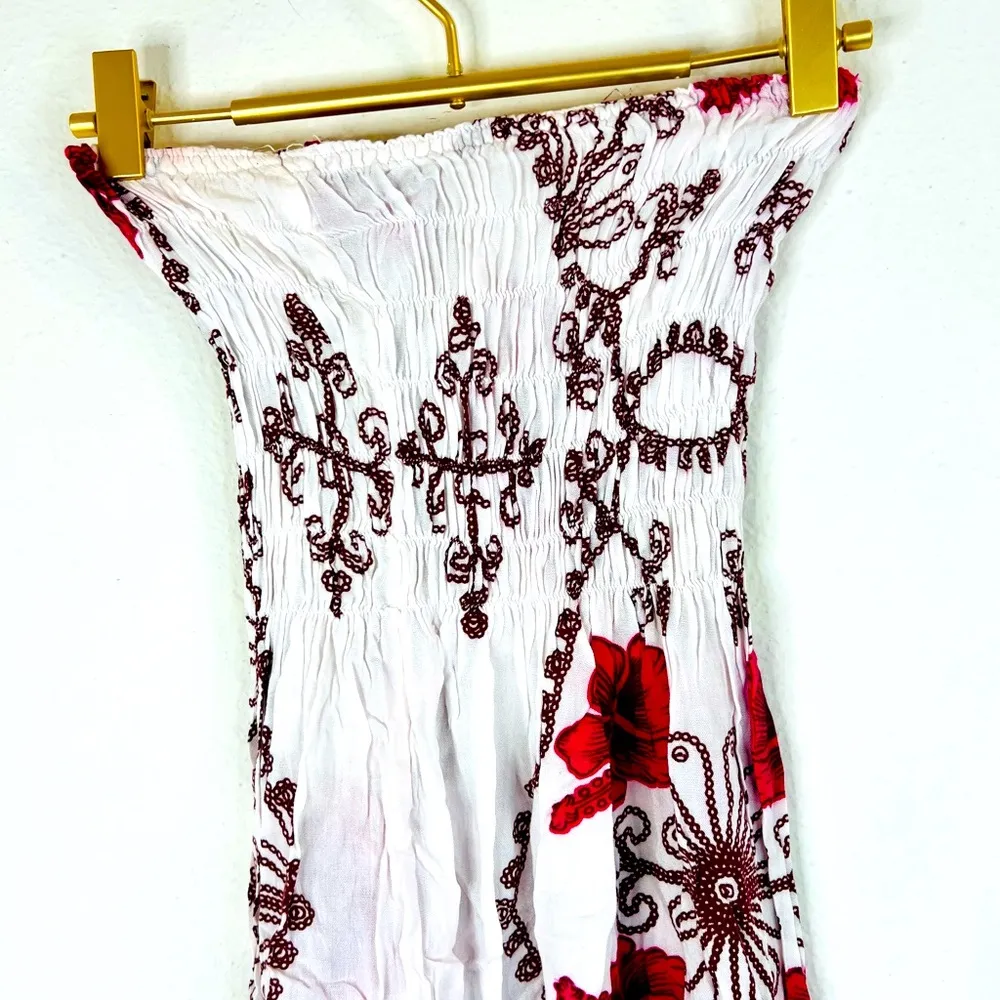 Strapless Smocked Dress White Pink Floral Boho Beach Cover - Image 9