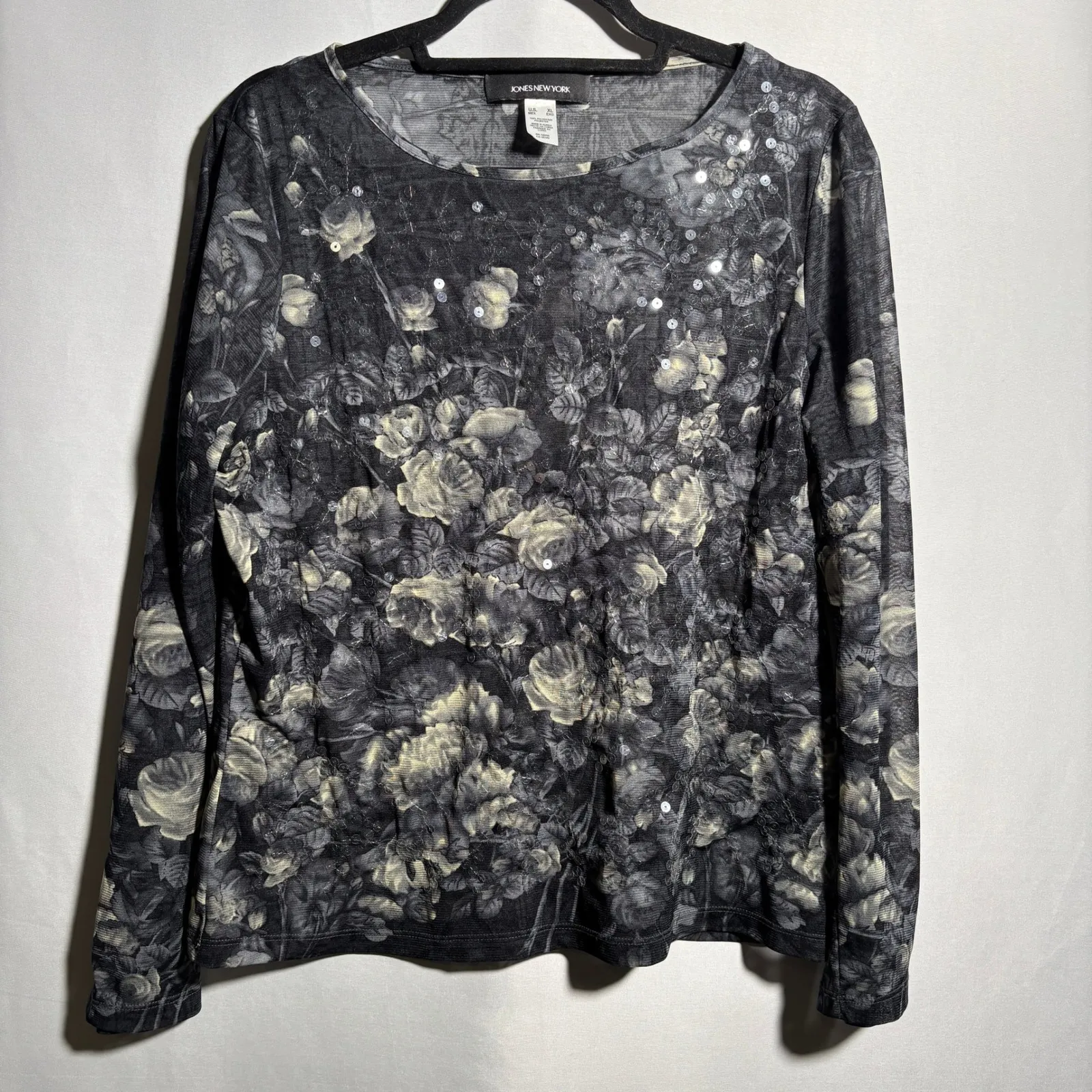 Y2K Black Floral Sequin Top Long Sleeve‎ Fairy Grunge Whimsigoth Boho Womens XL - Image 2