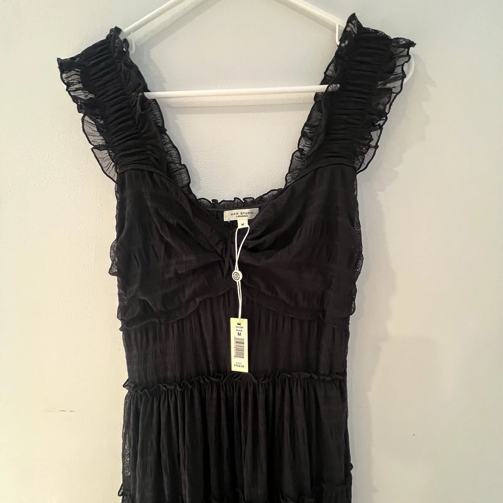 NWT Max Studio Mesh Ruffle Smocked Waist Stretchy Black Midi Dress Size M - Image 7