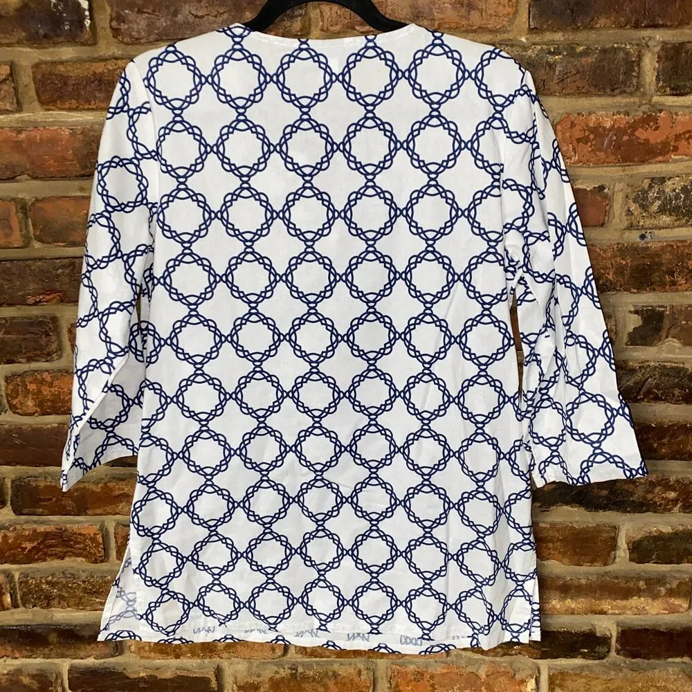 Basic Editions White Blue Embroidered Printed 3/4 Sleeve Tunic Top Women's Small - Image 6