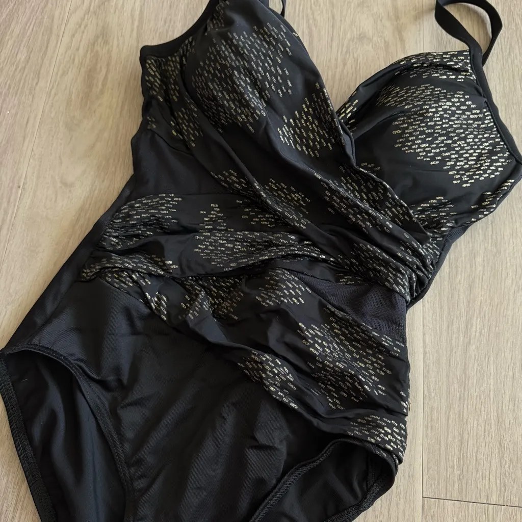 Miraclesuit Black One-Piece Swimsuit Gold Foil Print Slimming EU 38 - Image 3