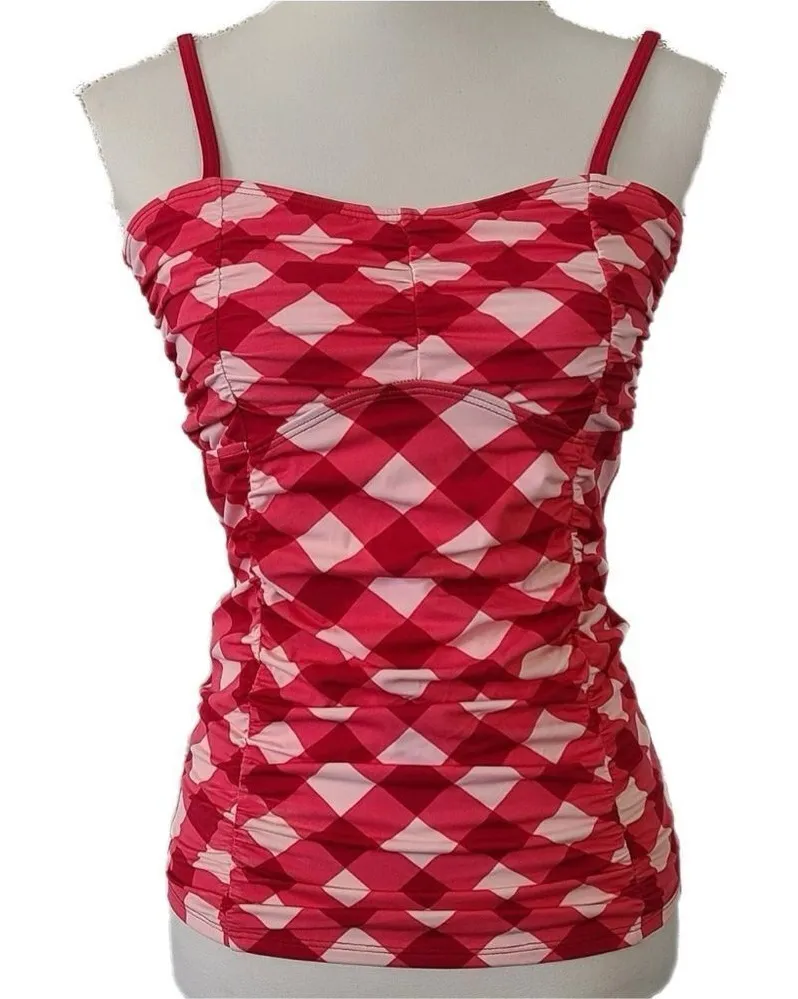 NWT Lime Ricki Red & Pink Gingham Shirred Ruched Tankini Top Size XS - Image 1