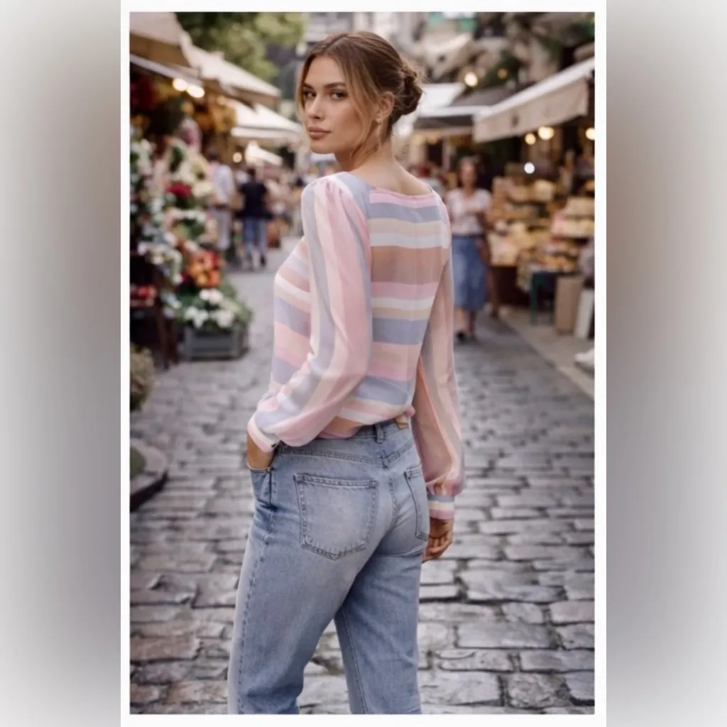 Vintage 70s 80s Sasson Neutral Pastels Striped Blouse 8/9 Hong Kong Pink - Image 5