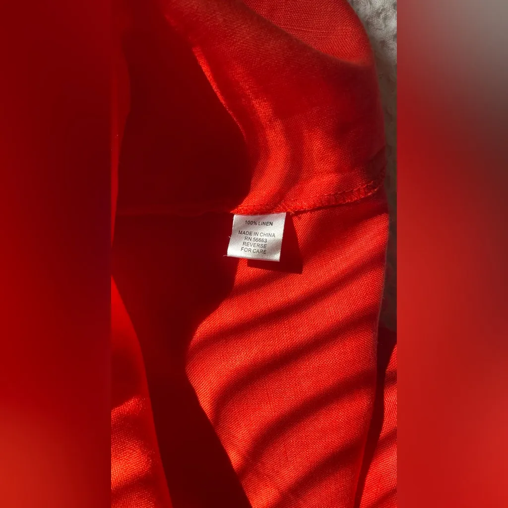 Lucy & Laurel Bright Coral Linen dress, off shoulder, puff sleeve, pockets XL - Image 5